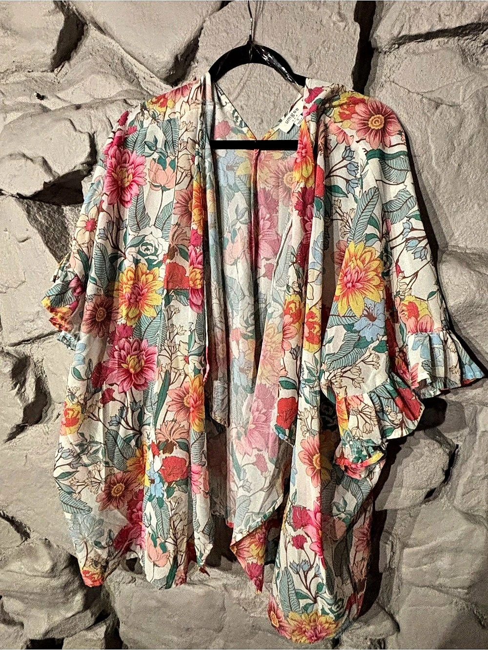 Umgee Floral Print Ruffle Sleeve Open Front Kimono Cardigan Blouse Blue & Pink - Picture 1 of 6